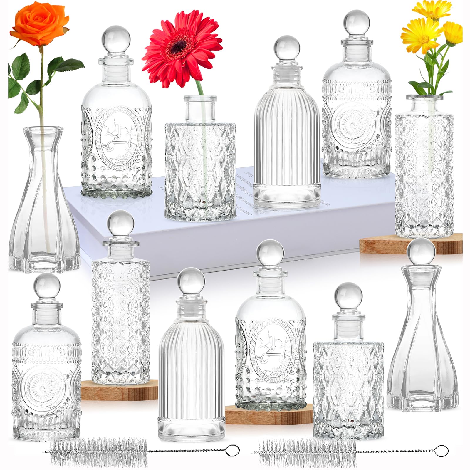 Glass Bud Vases Set of 12 Decorative Bottles with Stoppers Small Mini Vases for Flowers,Embossed Clear Flower Vase,Vintage Glass Bottle Great for Table Decor,Wedding Centerpiece Table Gift Set