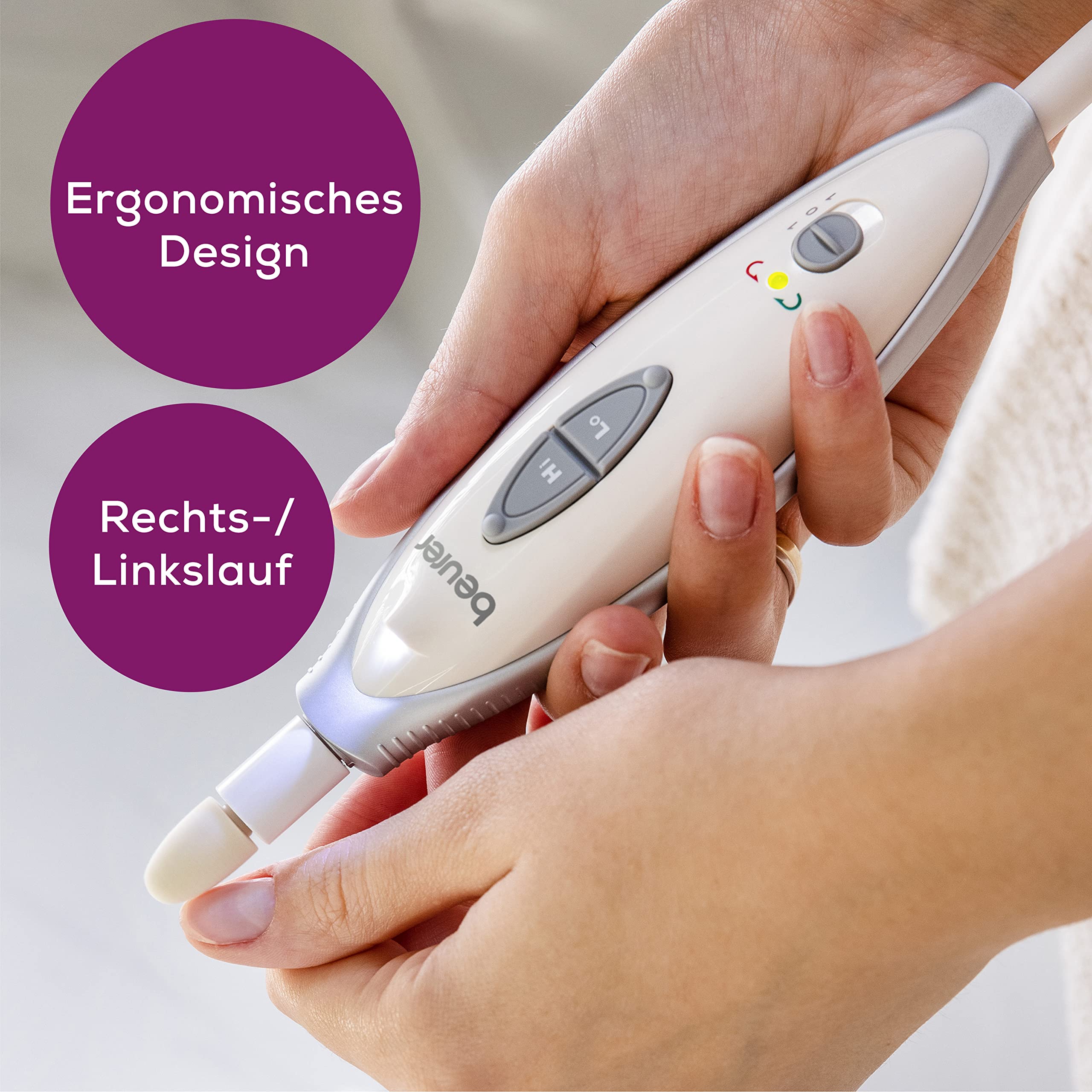 Beurer MP 41 Maniküre-/ Pediküreset, elektrische Nagelfeile mit 7 Aufsätzen, helles LED Licht, Nagelfräser für gepflegte Nägel, mit Aufbewahrungstasche, Nagelpflege für Hände und Füße, Weiß 3
