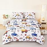 ANGIYUIN 5 Pieces Red Blue Twin Size Comforter Sets for Boys Construction Kids Bedding Sets Cartoon Excavator Tractors Bed in a Bag with Sheets for All Season