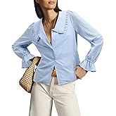 siliteelon Plaid Shirts for Women Gingham Top Button Down Shirts Peter Pan Collar Puff Long Sleeve Cotton Casual Work Blouse