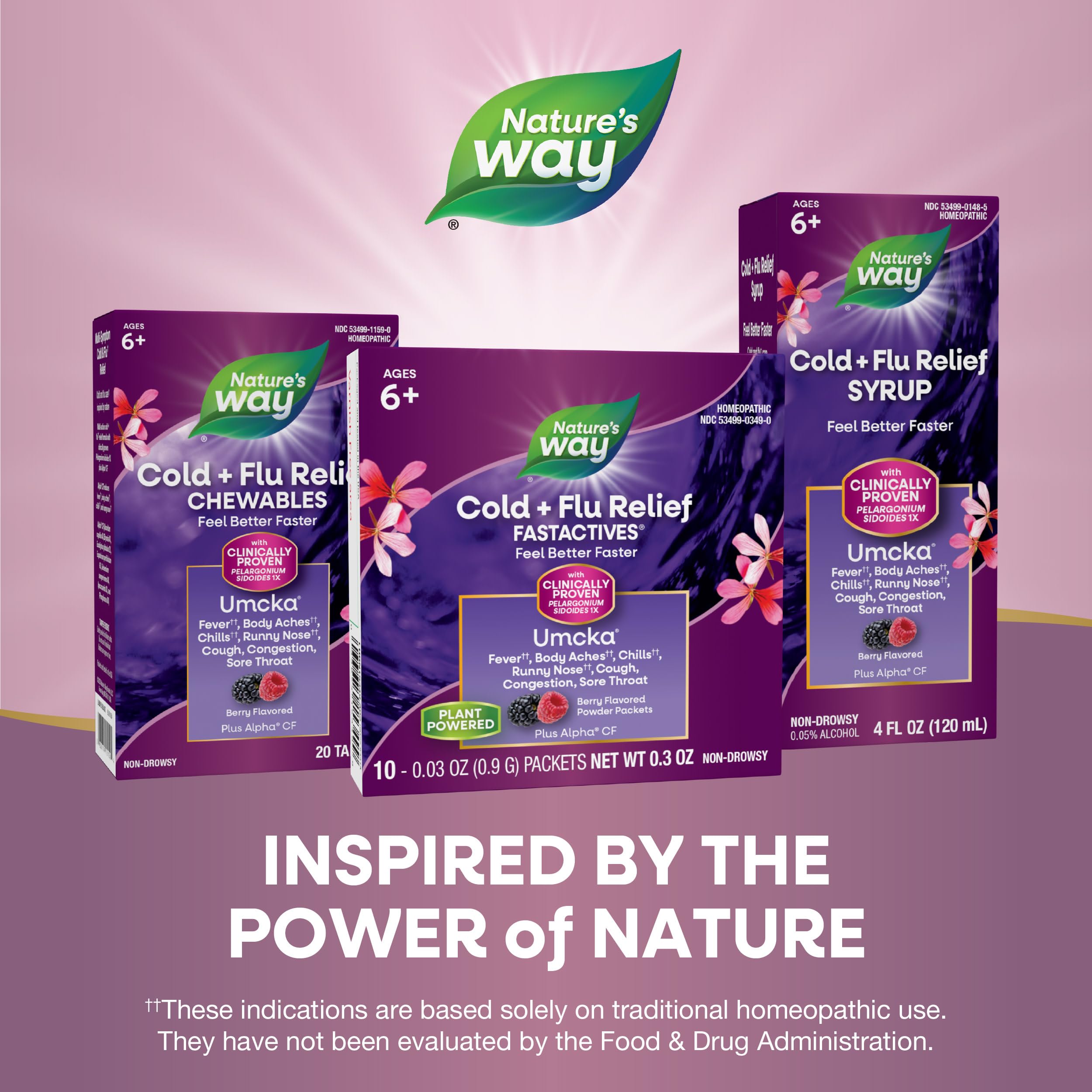 Nature's Way Cold + Flu Relief FastActives, Umcka, Homeopathic, Fever*, Sore Throat, Cough, Congestion, Phenylephrine Free, Non-Drowsy, Berry Flavored, 10 Packets (Packaging May Vary)