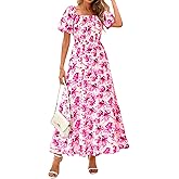 BTFBM Womens Summer 2025 Casual Maxi Dresses Short Sleeve Smocked Tiered Floral Boho Long Beach Dress with Pockets