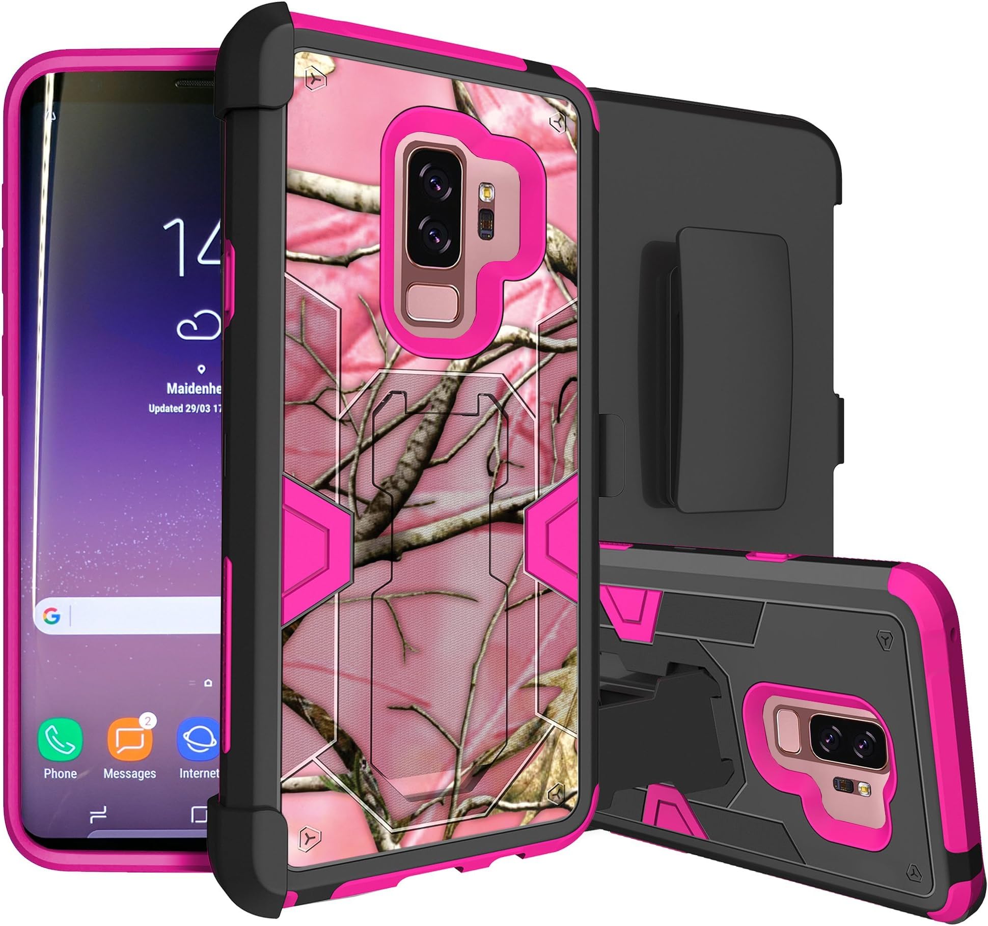 MINITURTLE Compatible with Samsung Galaxy S9 Plus Rugged Holster Case with Stand Case w/HighImpact Silicone Interior & Hard Shell Pink Tree Camo