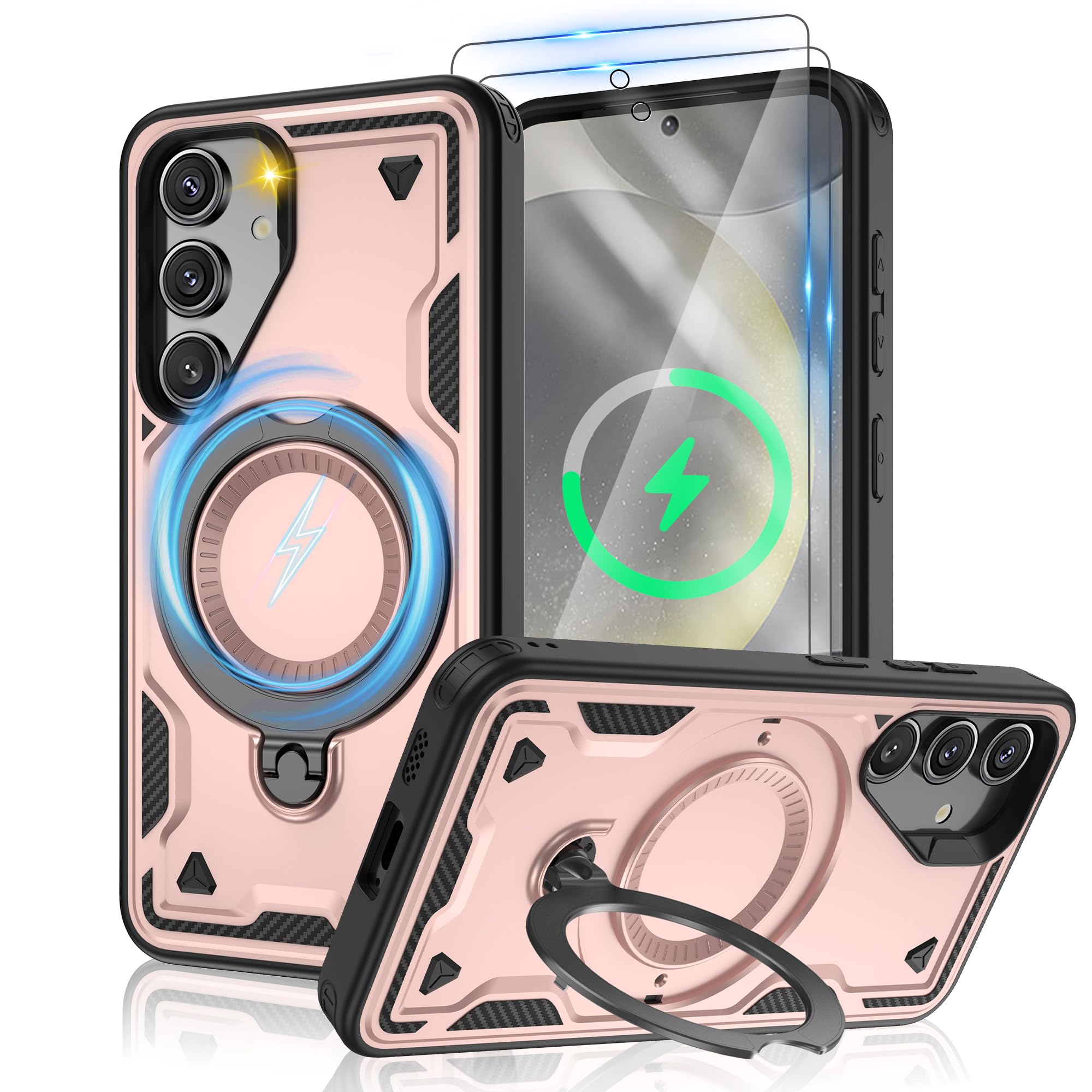 Jshru Samsung Galaxy S24/S25 Hülle Kompatibel mit Magsafe Handyhülle, mit 2Stk HD-Schutzfolie Magnetische Schutzhülle, 360° Drehbare Ringhalter Stoßfeste Case für Samsung Galaxy S24/S25,Schwarz
