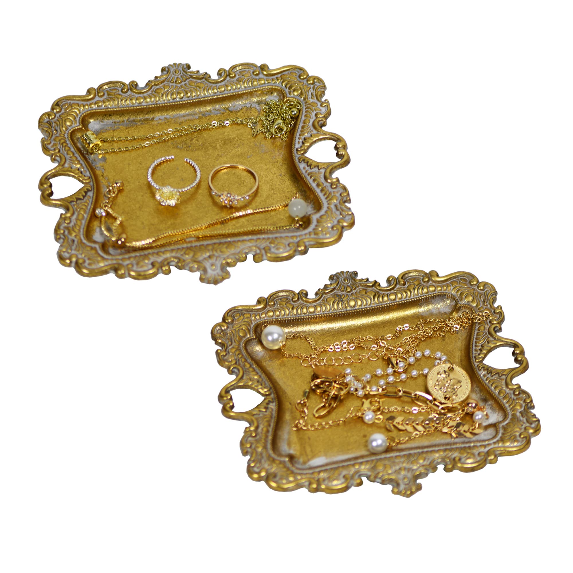 Funly mee Small Antique Trinket Dish Vintage Jewelry Tray, Ring Holder (Gold-2PACK)