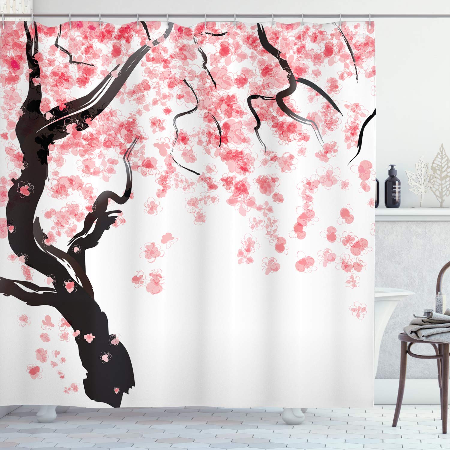 ABAKUHAUS Floral Shower Curtain, Dogwood Tree Blossom in Watercolor Painting Effect Spring Season Theme Pinkish Tones, Cloth Fabric Bathroom Decor Set with Hooks, 175 x 240 cm, Black Pink