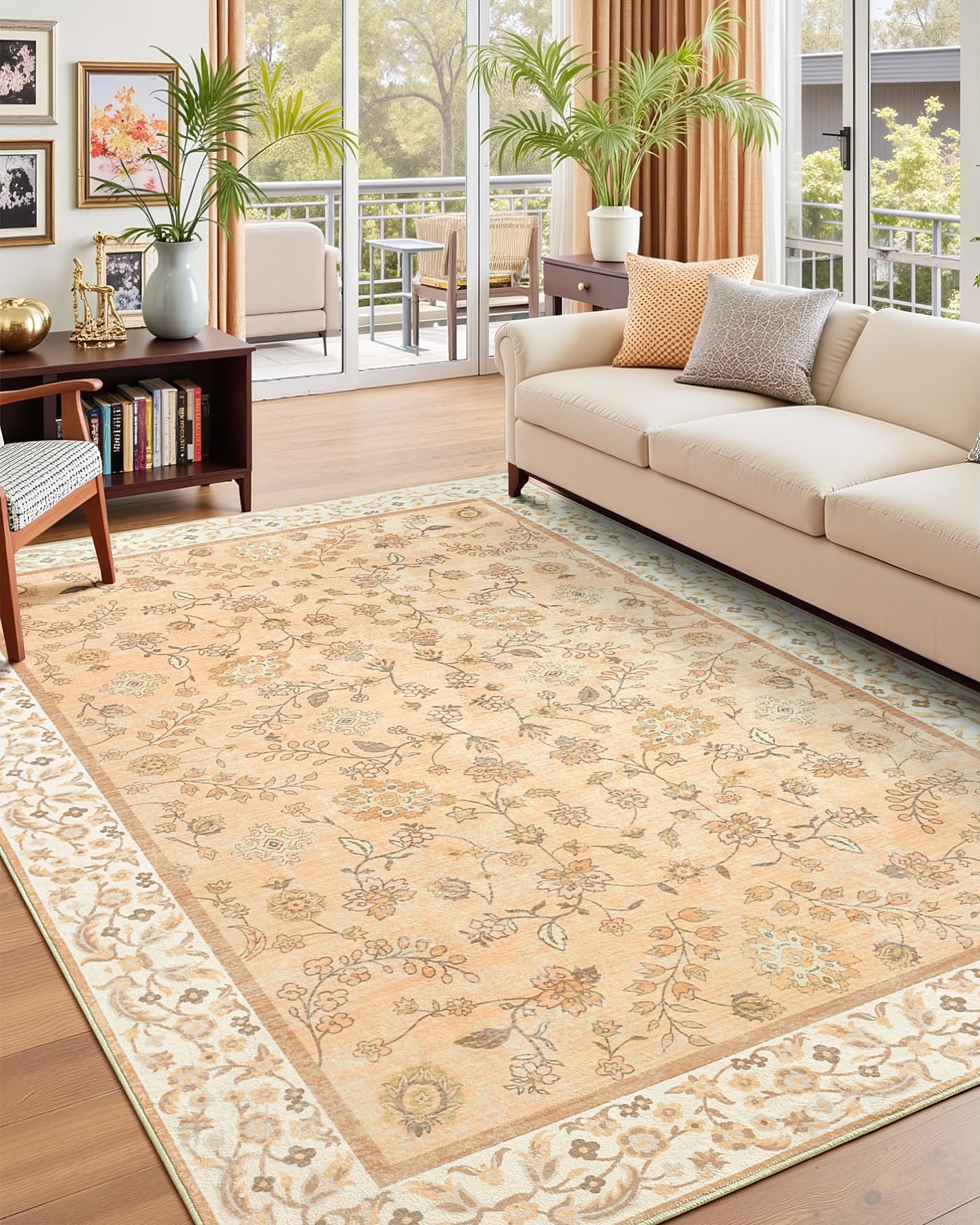 Flagover 6x9 Area Rugs for Living Room, Boho Washable Bedroom Rug, Vintage Floral Non Slip Rugs, Soft Low Pile Carpet for Kitchen Dining Room Office Farmhouse, BCinnamon Orange Image