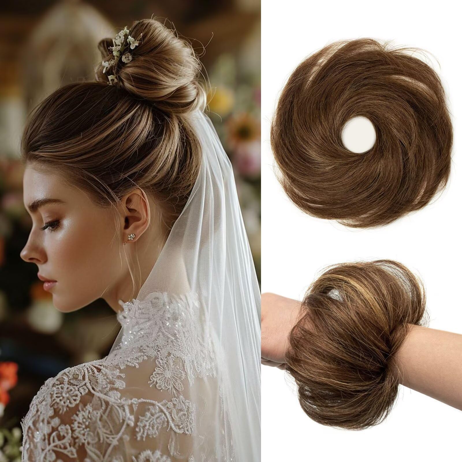 Photo 1 of 1PCS Messy Bun Hair Piece Human Hair Natural Curly 100% Real Human Hair Chignons Scrunchies Hair Fluffy Hair Buns for Women Bun Donut Updo Hair Pieces Bun Extension (#4/27 Medium Brown/Dark Blonde)