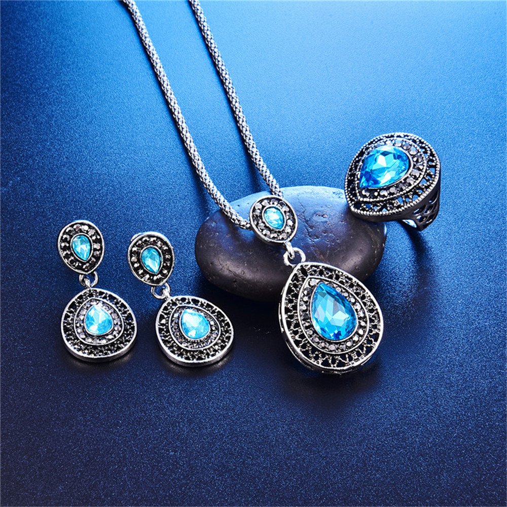 LUYUAN JEWELRY Women Crystal Pendant Silver Plated Chain Necklace Drop Earring Ring 3 PCS Jewelry Set 2 Colors - Blue+Ring#7