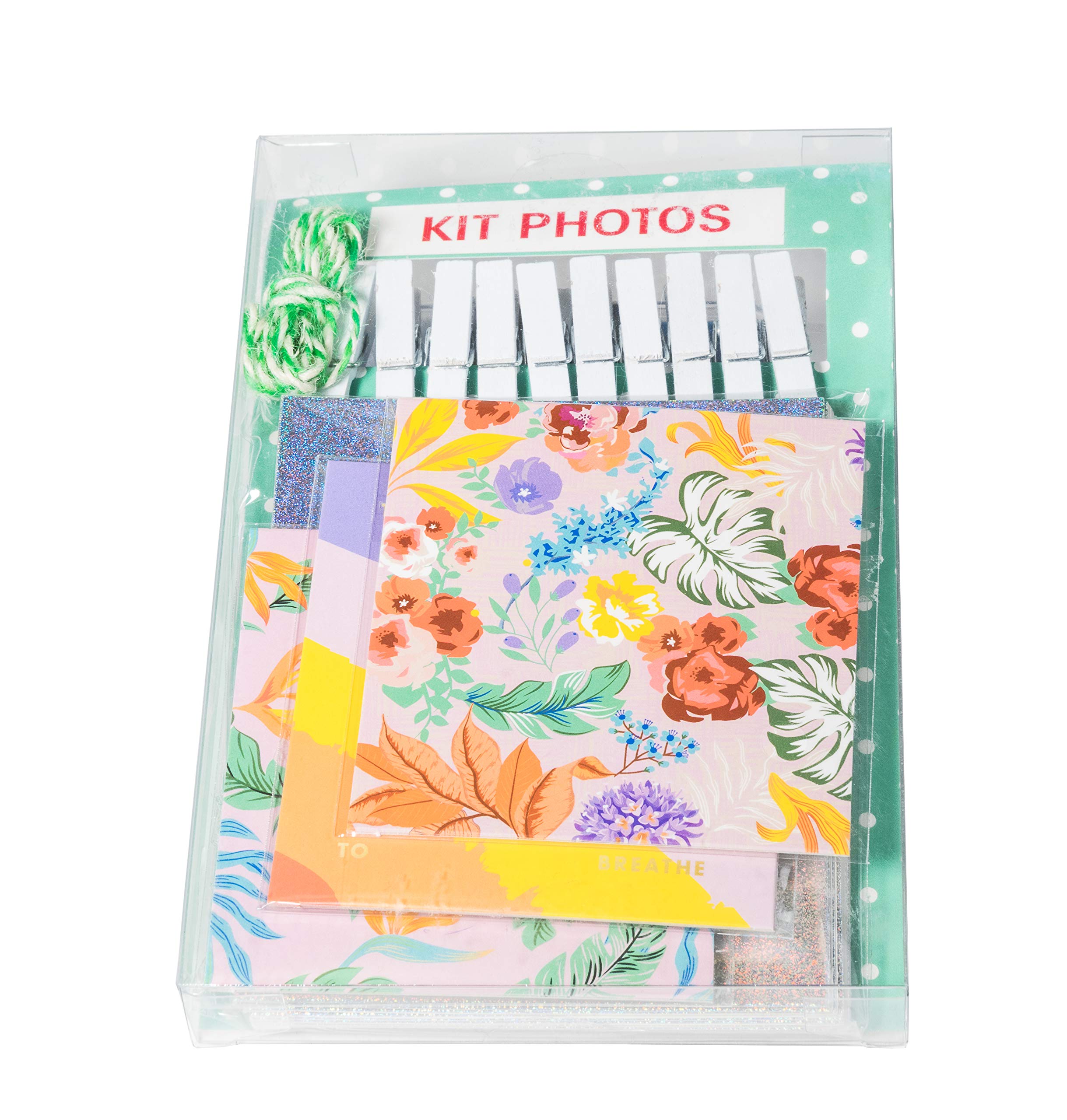 Exacompta - Ref 12351E - Photo Frame and Cord Kit - 150cm Cord, 10 x White Wooden Pegs, 10 x Glitter Photo Frames, 10 x Decorative Patterned Card Backings