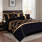 HIG 7 Piece Bed in A Bag Comforter Set Queen - Black and Gold Faux Silk Fabric Embroidered - Breathable and Wrinkle Resistant -1 Comforter, 2 Shams, 3 Decorative Pillows, 1 Bedskirt