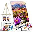 JOOZ Paint by Numbers Kit for Adults with Frame, Flowers Paint by Number with Easel, DIY Mountain Flower Oil Painting by Numbers, Easy Adult Paint by Number Kits on Canvas for Wall Decor 8x12 Inch