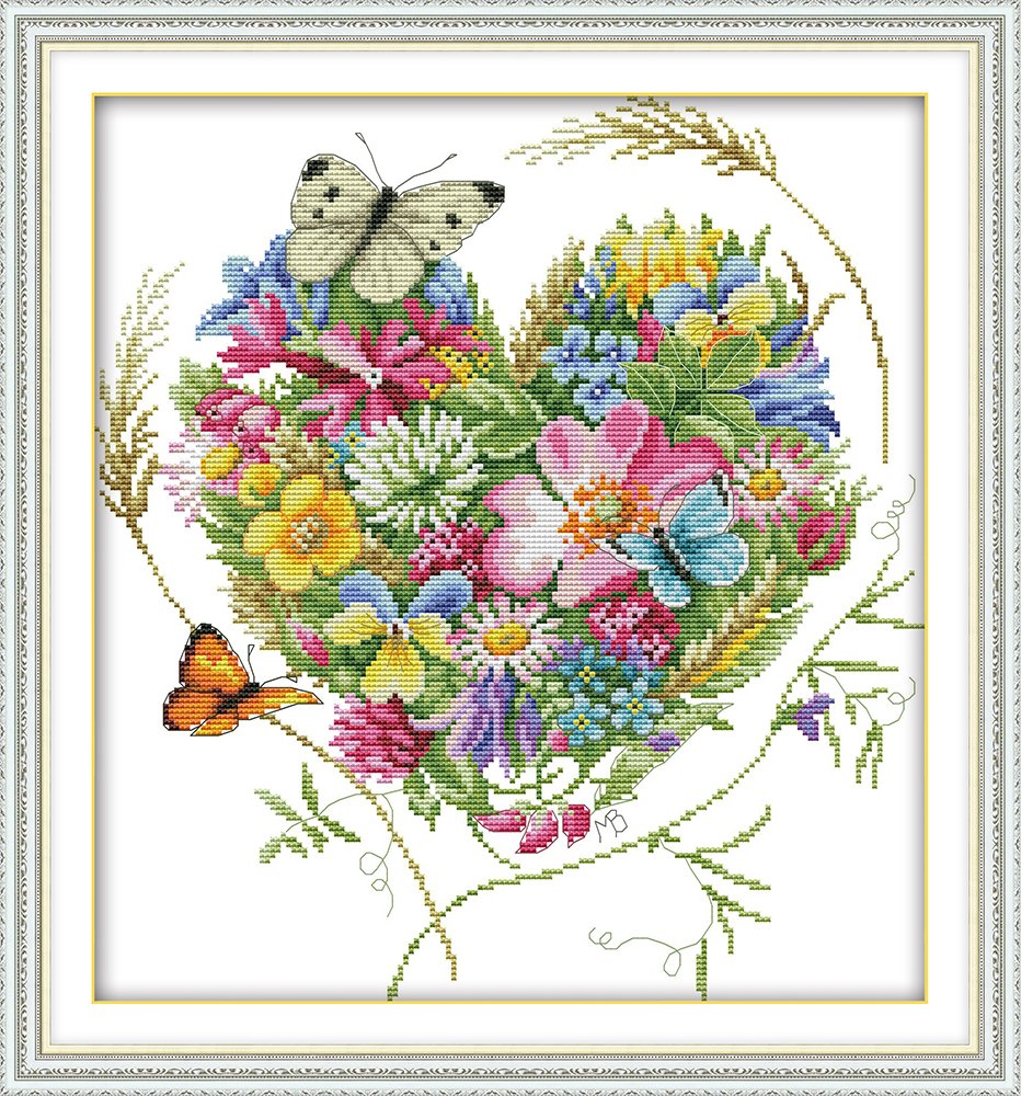 CaptainCrafts Cross Stitch Kits Counted Cross Stitch Unpreprinted Fabric DIY Art Embroidery Kits for Adults Beginners Home Decor (Unpreprinted 14CT, Butterflies Love Heart Shaped Flower)