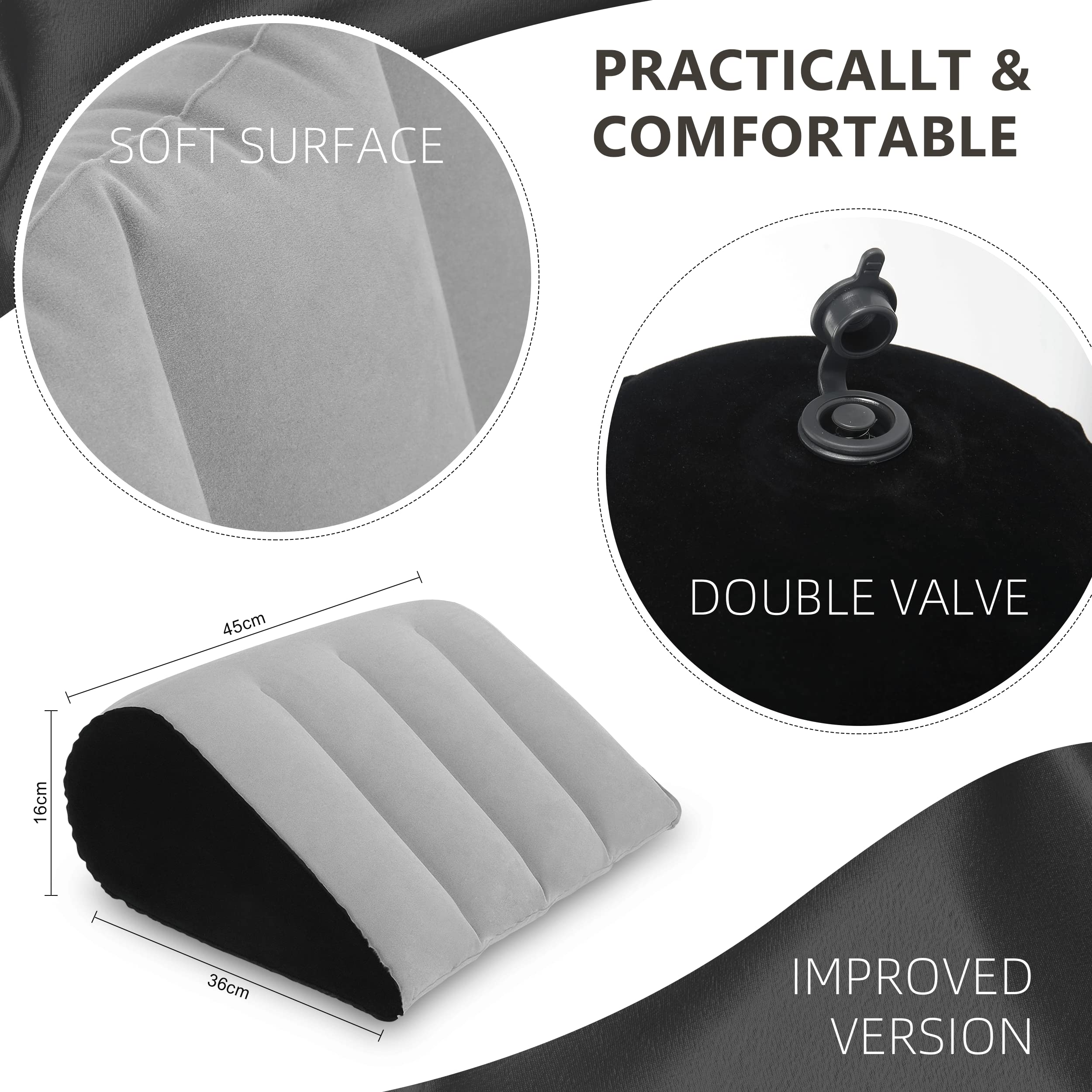 Portable Wedge Pillow Inflatable Cushion - Body Positioners Lightweight Wedge Pillow for Sleeping, Leg Elevation, Use in Bed, Travel, Camping, Fast Inflating Deflation (Grey)