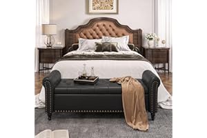 FIVEWILLOWISE 65 Inch Bedroom Bench, End of Bed Bench with Storage, Bed Benches for Foot of Bed, Faux Leather Window Bench with Tufted Button and Nailhead Trim, Upholstered Storage Bench with Rolled Arms, Black