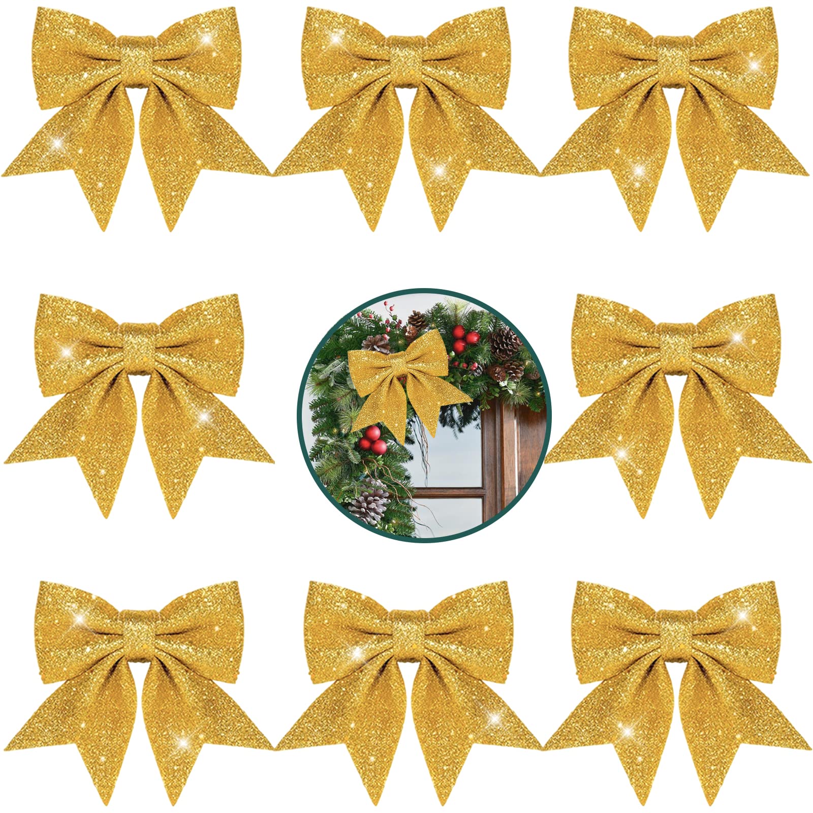 8Pcs Gold Glitter Christmas Tree Bows,5.5in Wreaths Bows for Christmas Tree Decorations,Xmas Tree Bow with Sequin Ties,Foam Bow for Christmastree Ornaments,Wreath Making,Garland,Gift Wrapping