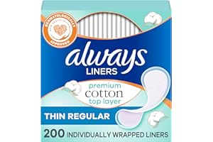 Always Premium Cotton Panty Liners for Women, Individually Wrapped Pantiliners, Unscented, Fragrance Free, Made with a Premium Cotton Top Layer, Regular Absorbency, 200 Count