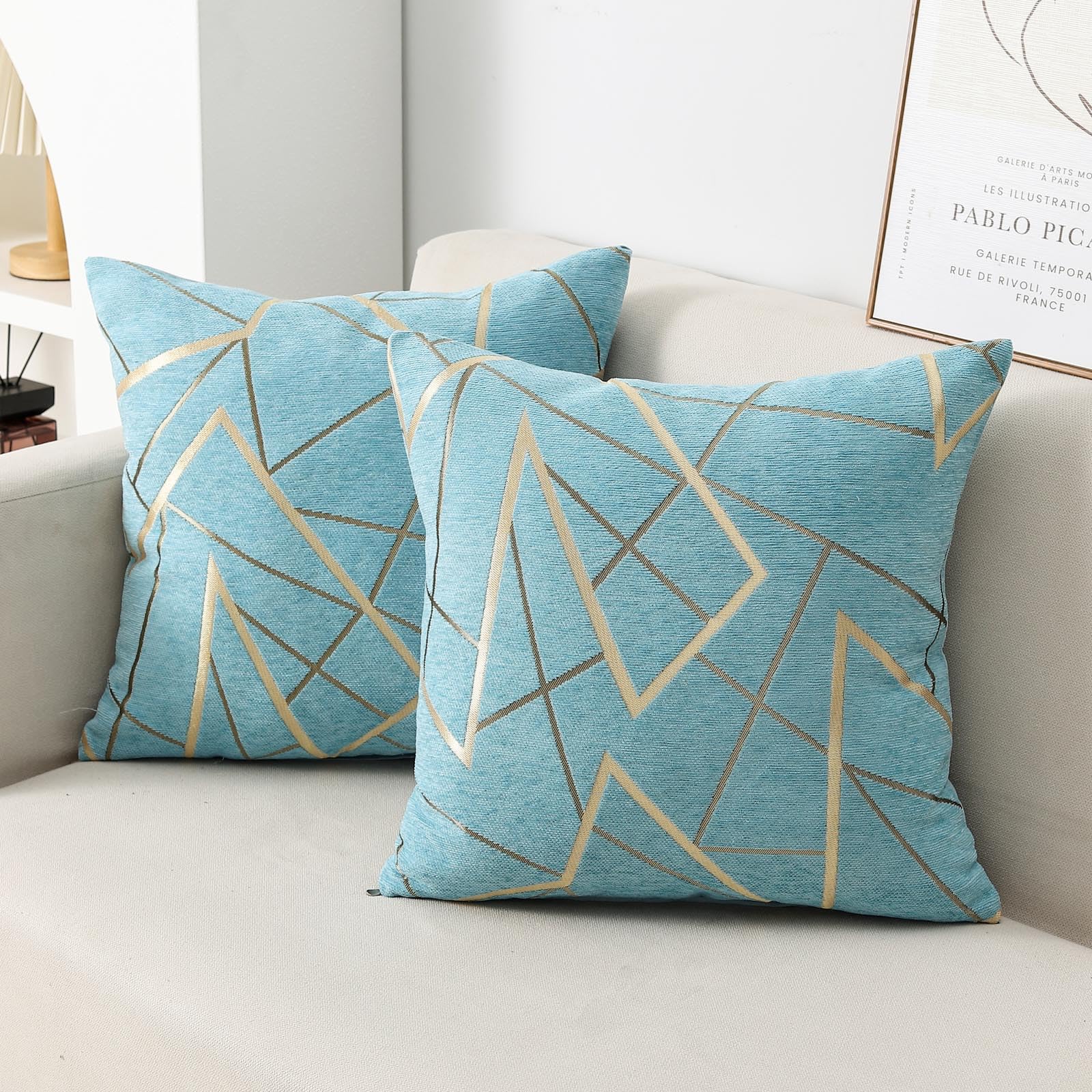 Photo 1 of wyooxoo Pack of 2 Decorative Throw Pillow Covers 18x18 Inch Woven Textured Chenille Farmhouse Square Cushion Case for Sofa Couch Bedroom Car Home Decor (Lake Blue, 18" x 18" (Pack of 2))