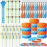 Simgoing 24 Sets Blue Dog Party Favors Include 24 Bubble Wands 24 Paw Print Silicone Bracelets 24 Puppy Keychains 24 Blue Orange Drinking Straws Gift for Birthday Wedding Bridal Decoration Awards