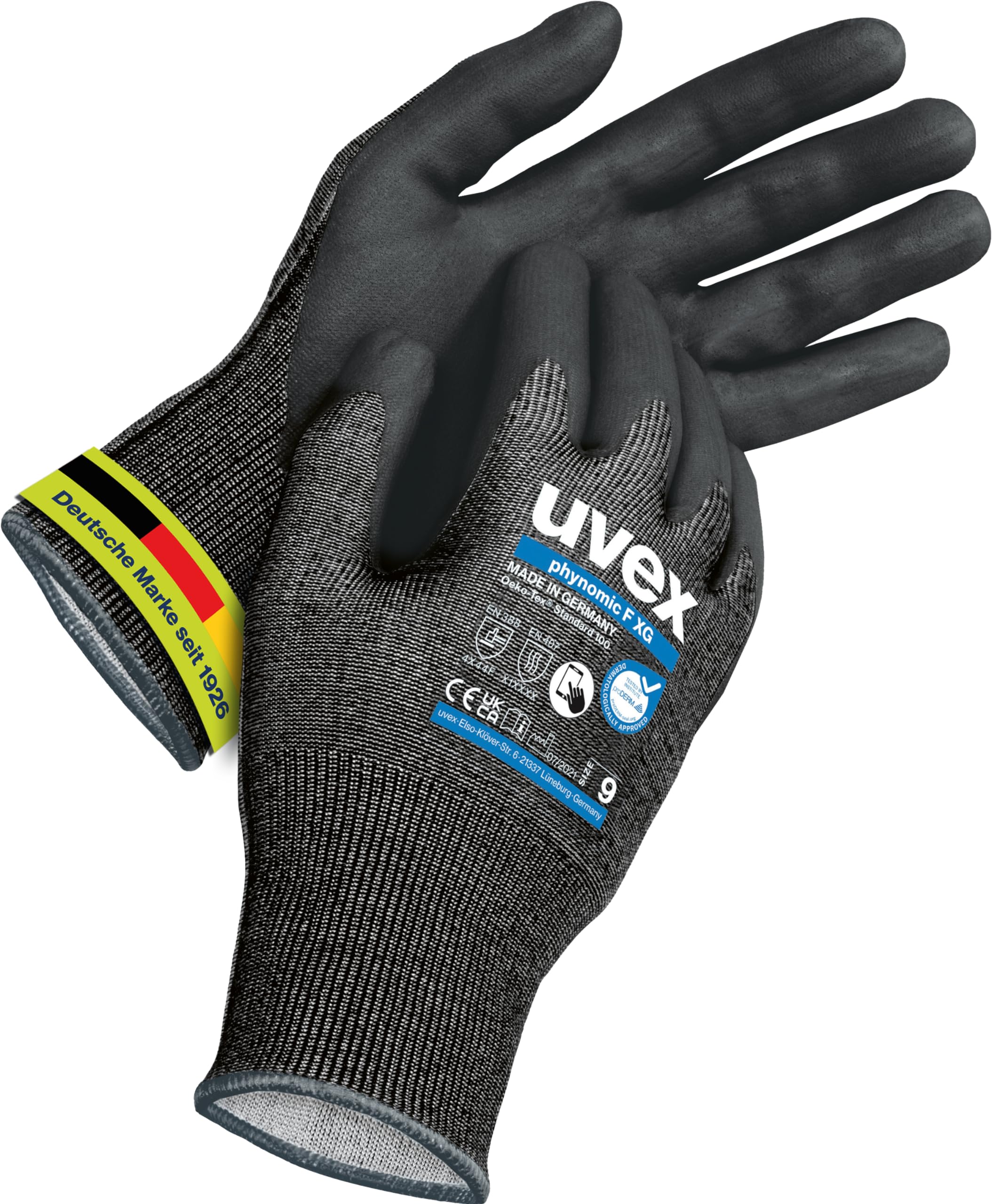 Uvex phynomic F XG, 1 pair - cut protection - & grip gloves for wet & oily areas - sensitive & abrasion-resistant - black - size 09/L