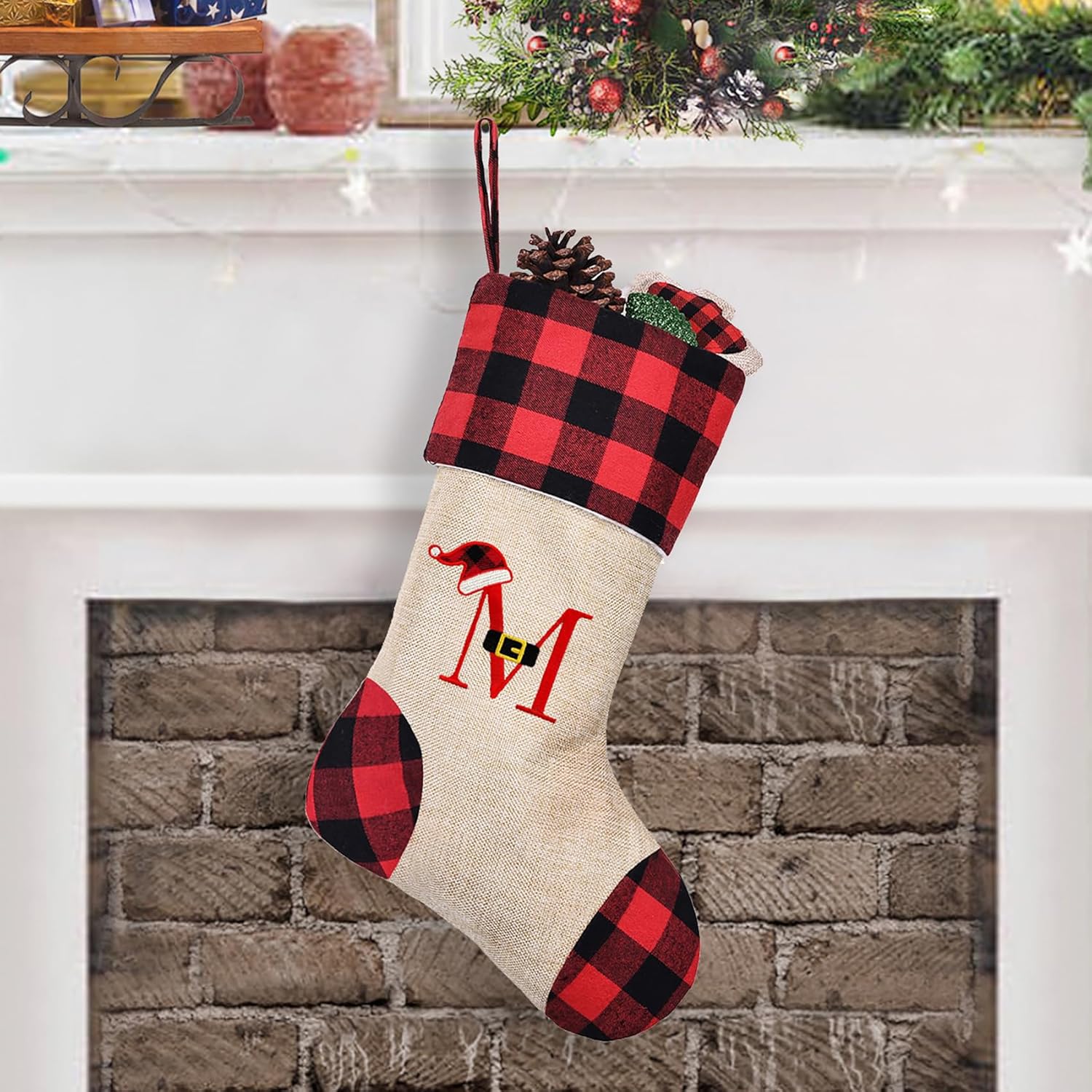 Stockings & Holders - CARAKNOTS Monogram Christmas Stocking Personalized Initial Christmas Stockings Burlap Plaid Christmas Stocking with Letter M Xmas Stockings with Initials for Family Holiday Fireplace