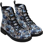 Maimeili Women Printed Ankle Boots with Flowers Rose Skull Stylish Colorful Casual Platform Leather Combat Floral Booties Travel Everyday Party Halloween Christmas