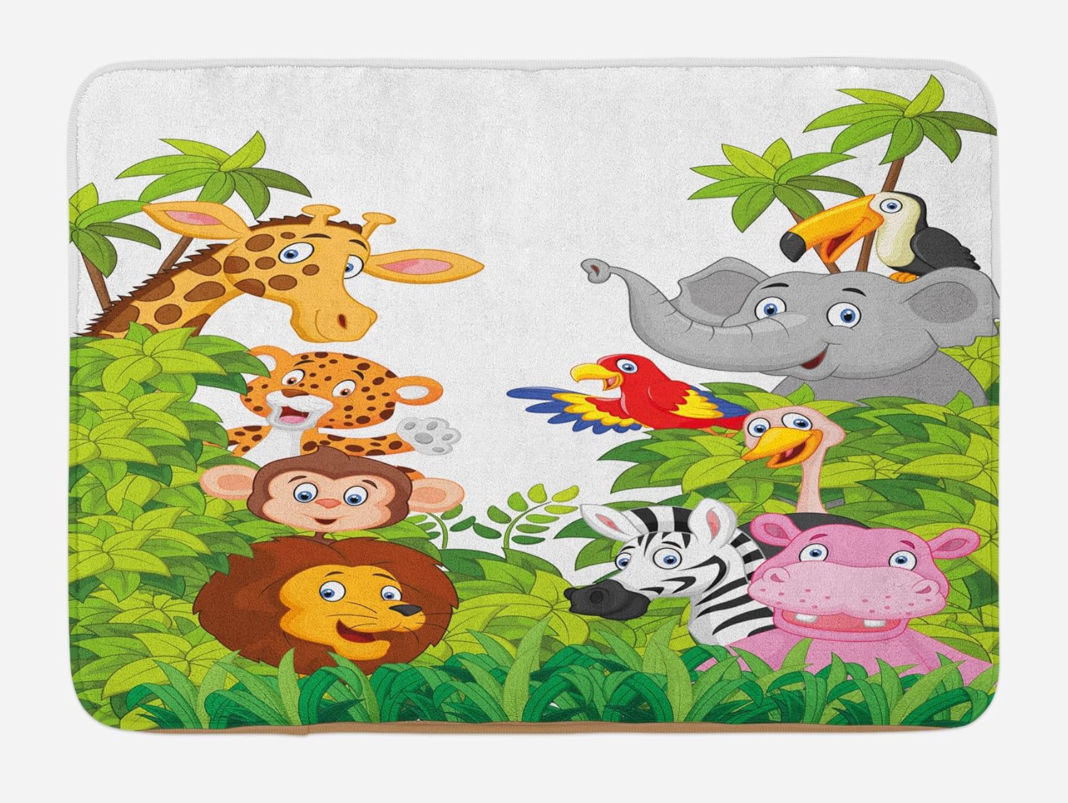 Ambesonne Nursery Bath Mat, Cartoon Style Zoo Animals Safari Jungle Mascots Tropical Forest Wildlife Pattern, Plush Bathroom Decor Mat with Non Slip Backing, 29.5