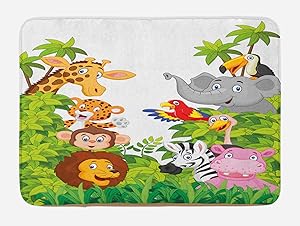 Ambesonne Nursery Bath Mat, Cartoon Style Zoo Animals Safari Jungle Mascots Tropical Forest Wildlife Pattern, Plush Bathroom Decor Mat with Non Slip Backing, 29.5