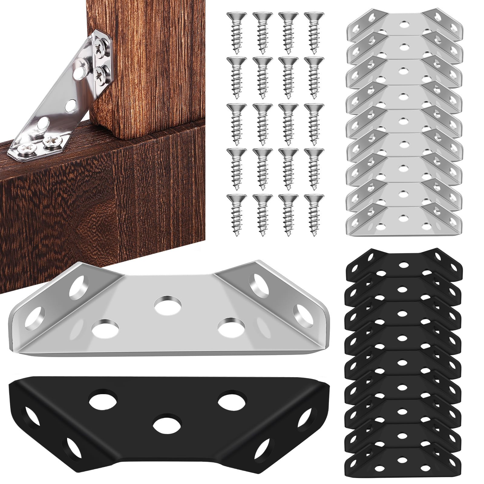 Gatuida 20 Pcs Universal Stainless Steel Furniture Corner Connector: Angle Fastener Corner Brackets with 20 Pcs Screws, Metal Angle Brackets for Wood Furniture Corner Connector