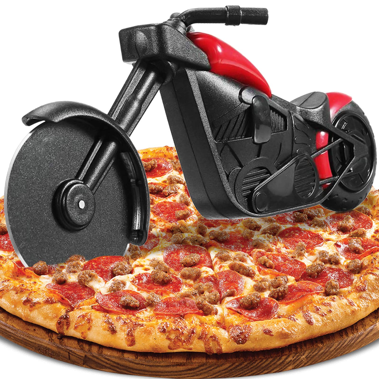 Motorbike Pizza Cutter, Novelty Pizza Cutter Motorcycle Pizza Wheel Slicer Roller, Stainless Steel Pizza Knife Super Sharp Blade with Non-Stick Coating & Kickstand, Kitchen Gadgets Creative Gift (Red)