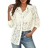 MEROKEETY Women's Lace Long Sleeve Tops Dressy Casual Blouse Button Down Sheer Elegant Summer Shirts