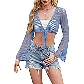 Women Bell Long Sleeve Crochet Top Tie Front Cropped Cardigan Hollow Out Knit Bolero Shrug