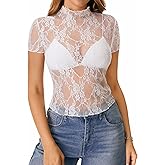 Rooscier Women's Sheer Mesh Top Short Sleeve See Through Floral Lace Slim Fit Club T Shirt