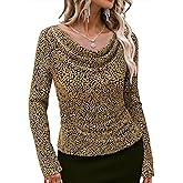 Bebonnie Women's Cowl Neck Long Sleeve Stretchy Sequin Tops Glitter Evening Cocktail Party Slimming Shirts