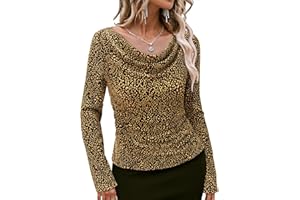 Bebonnie Women's Cowl Neck Long Sleeve Stretchy Sequin Tops Glitter Evening Cocktail Party Slimming Shirts