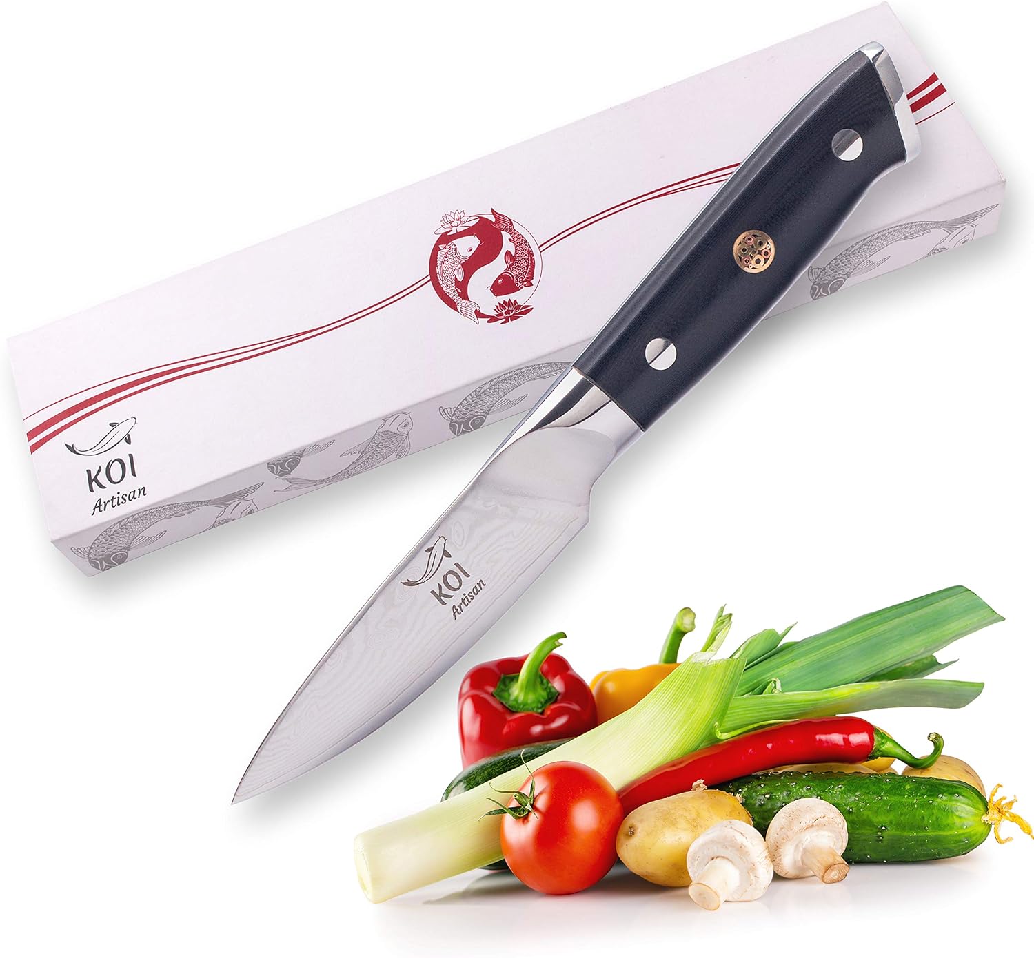 KOI ARTISAN Damascus Paring Knife, 3.5 Inch Razor Sharp Edge, Chef Knife 67 Layers of Japanese Damascus VG10 Super Steel