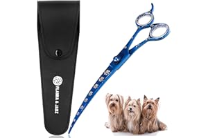 Professional Dog Grooming Scissors/Shears, Curved, with Paw Prints for Dogs, Cats & Pets (Right Handed, Blue, Stainless Steel