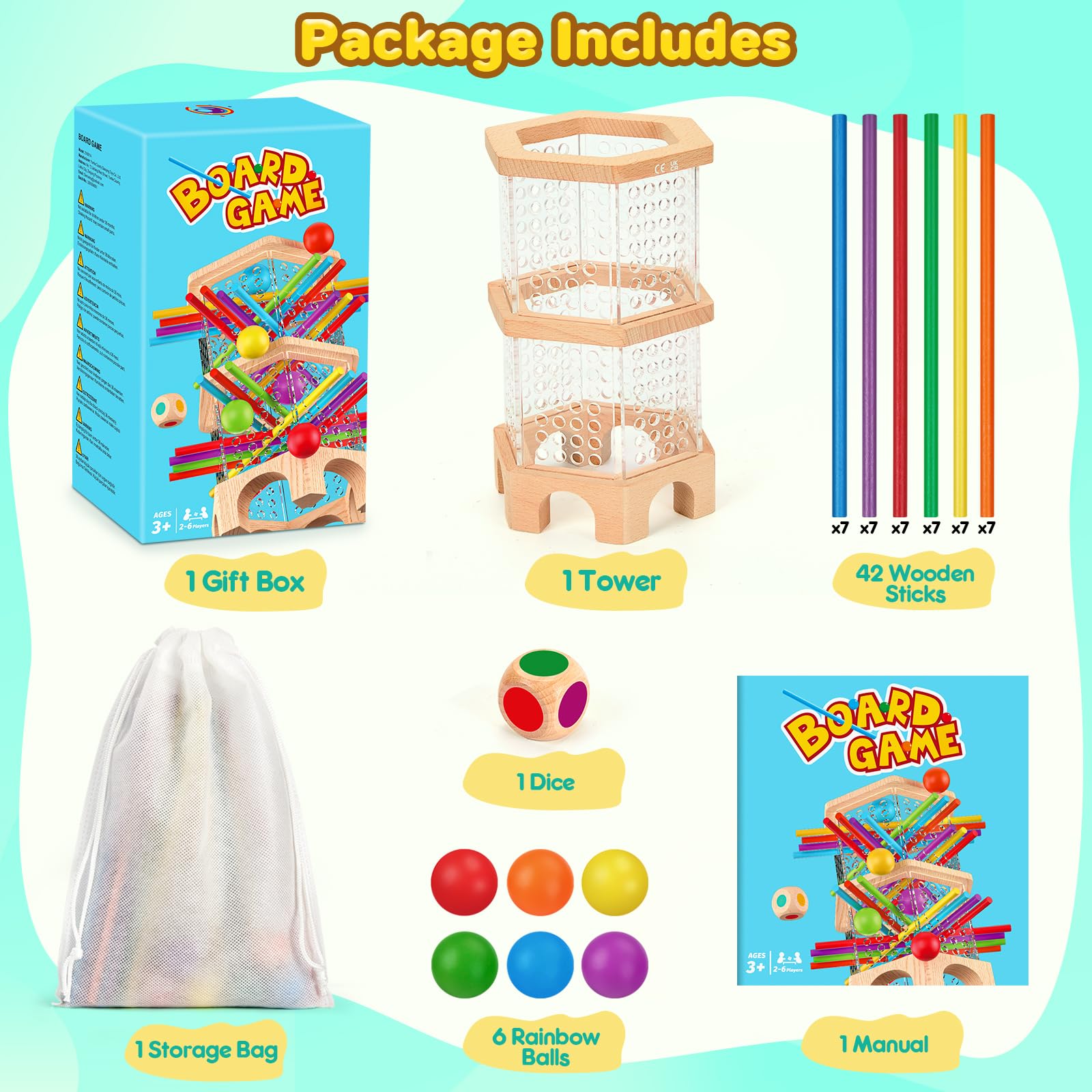 Montessori Spiel Brettspiel aus Holz, Spiele ab 4 Jahren, Holzspielzeug Kinderspiele Lernspiele ab 3 4 5 6 Jahren, 42 Bunte Holzstäbchen Lernspiele Reisespiel Würfelspiele Jungen Mädchen Geschenk 7