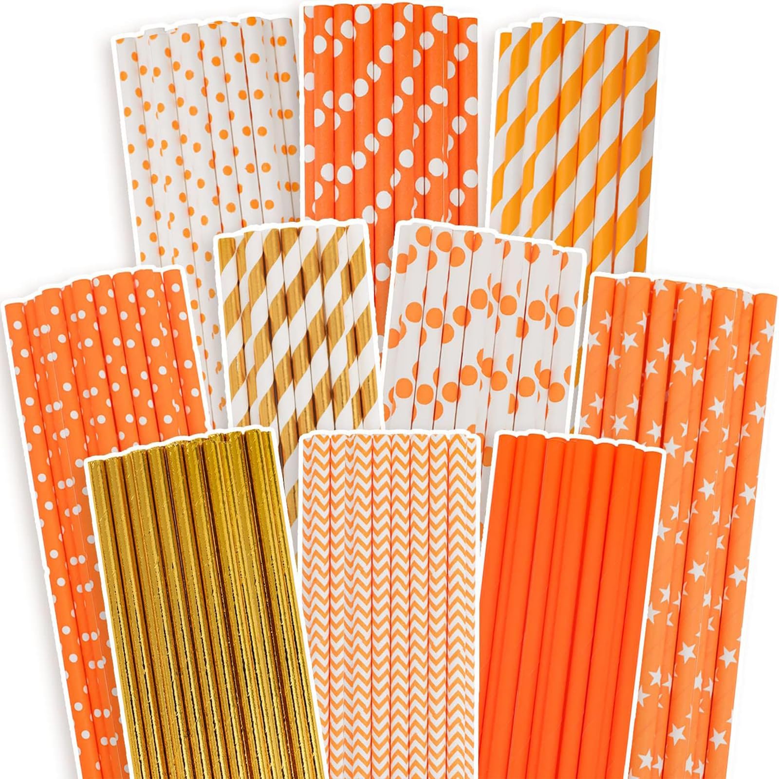 Gcardist Orange Gold Paper Straws for Drinking Orange Gold Disposable Straws 100pcs Bulk（10 Pattern）