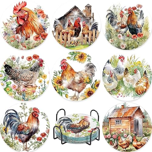 8 Pcs Cock Diamond Painting Coasters Kits for Drinks,DIY Round Drill Diamond Art Coaster Kits for Beginners with Holder,Roosters farm Gem Painting Art Craft Kit for Adults.