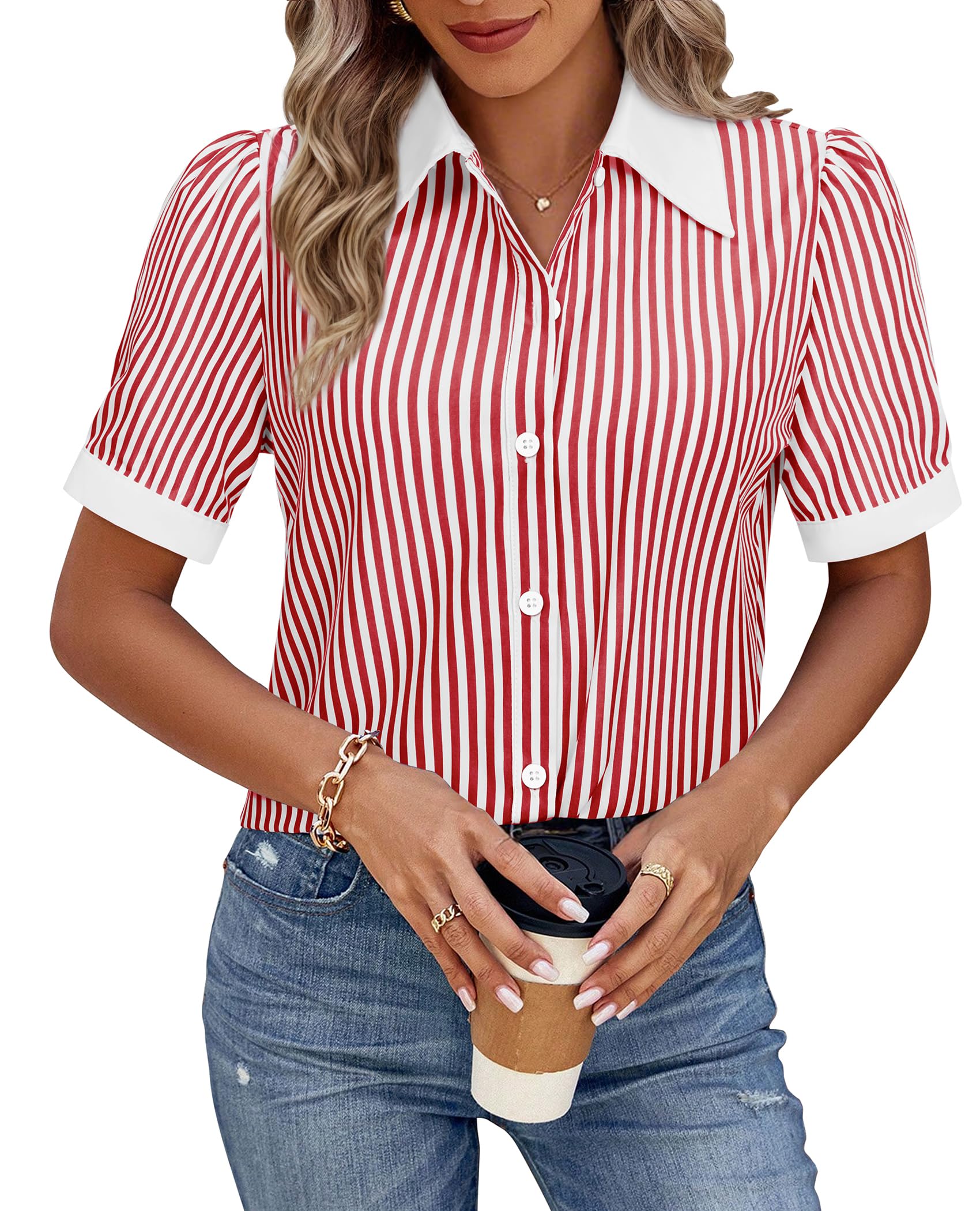 Photo 1 of Red Button Down Shirt Women Striped Button Down Shirt Short Sleeve Dress Shirt V Neck Collar Fit Spring and Summer Boho Blouse Lightweight Casual Daily Life Soft Comfortable Tops Tunic Red Stripe XL