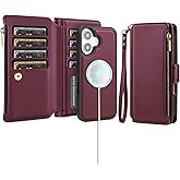 Antsturdy Compatible with Magsafe Magnetic 2 in 1 Detachable iPhone 16 Wallet Case with Credit Card Holder Slots,PU Leather Flip RFID Blocking Phone Cover Wrist Strap Zipper Women Men,Wine Red