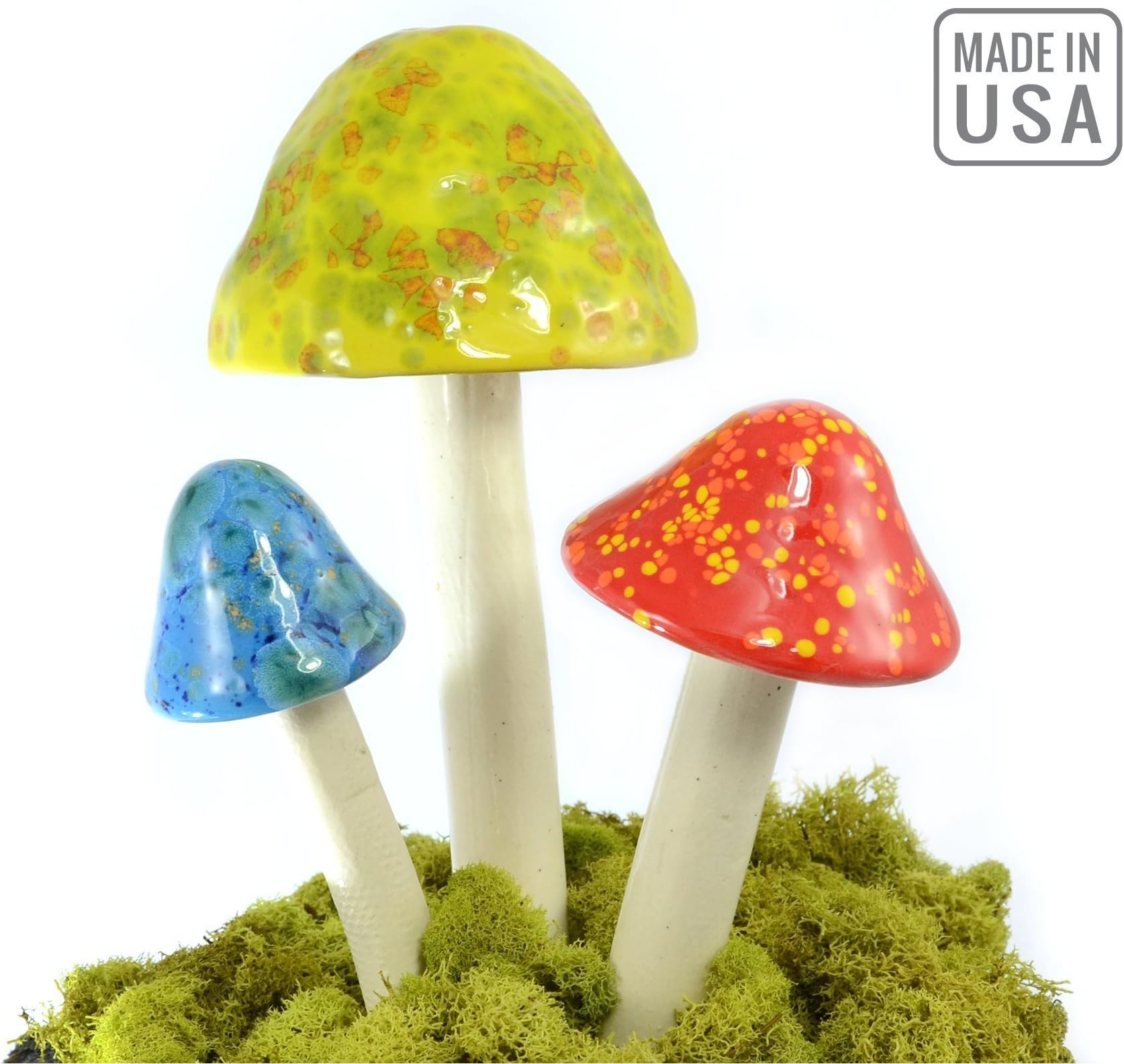 Mushroom Ceramic Garden Stakes - 3 Handmade Outdoor Ornament Decor - Made In USA - Toadstools For Lawns, Planters, Gardens, Yards. Colors: Lime Green, Red, and Blue