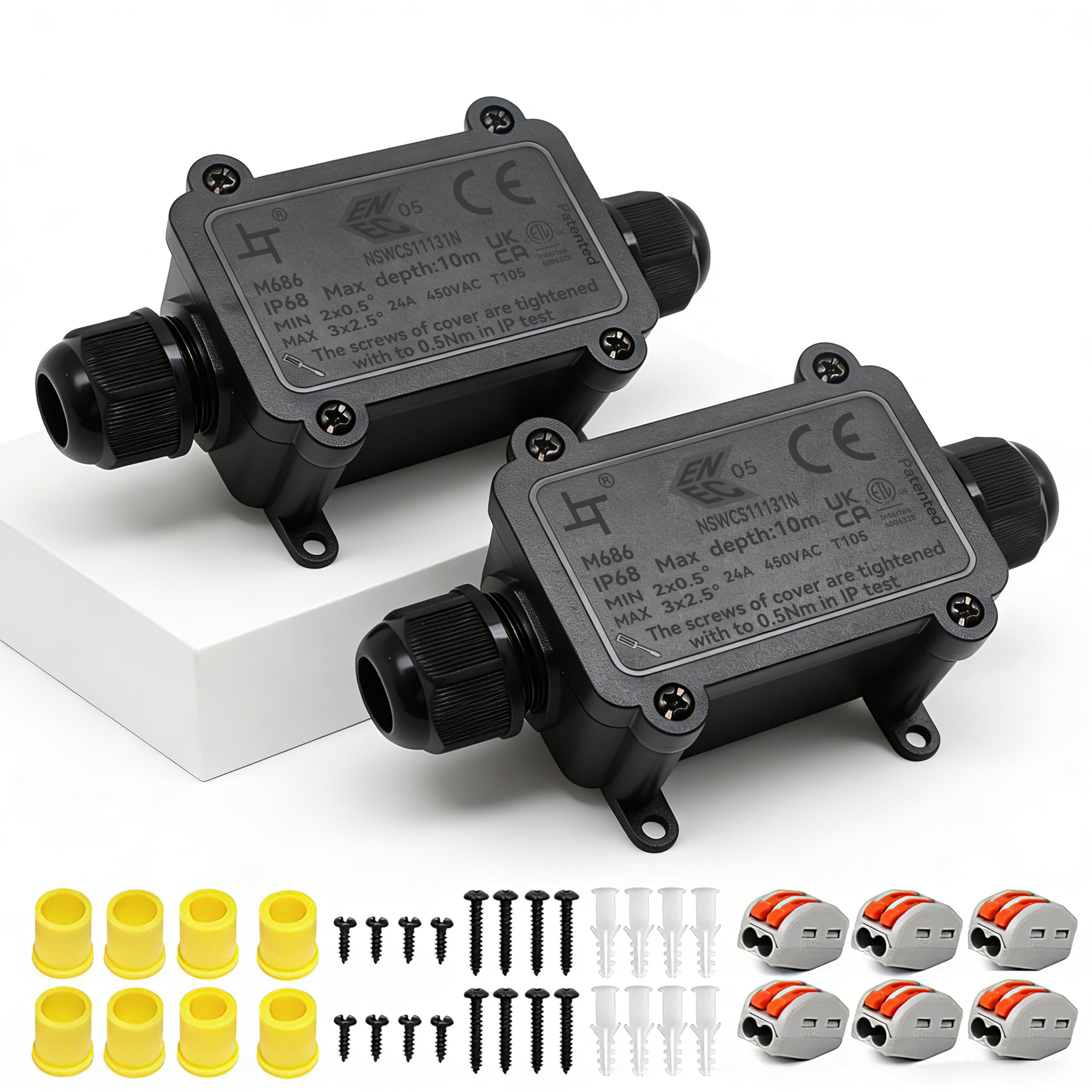 2 PCS Waterproof Junction Box, HUYU 2-Way IP68 Outdoor Cable Connectors with 2 Cable M20 Gland Wire Connector Electrical Junction Box for 5-12 mm Diameter Cable, Black