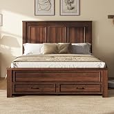 AMERLIFE 52.2" Full Size Farmhouse Bed Frame with Headboard, Rustic Brown | Tall Panel Headboard &amp; Footboard, Wood Platform Bed with 2 Large Storage Drawers, No Box Spring Required, Noise-Free Design