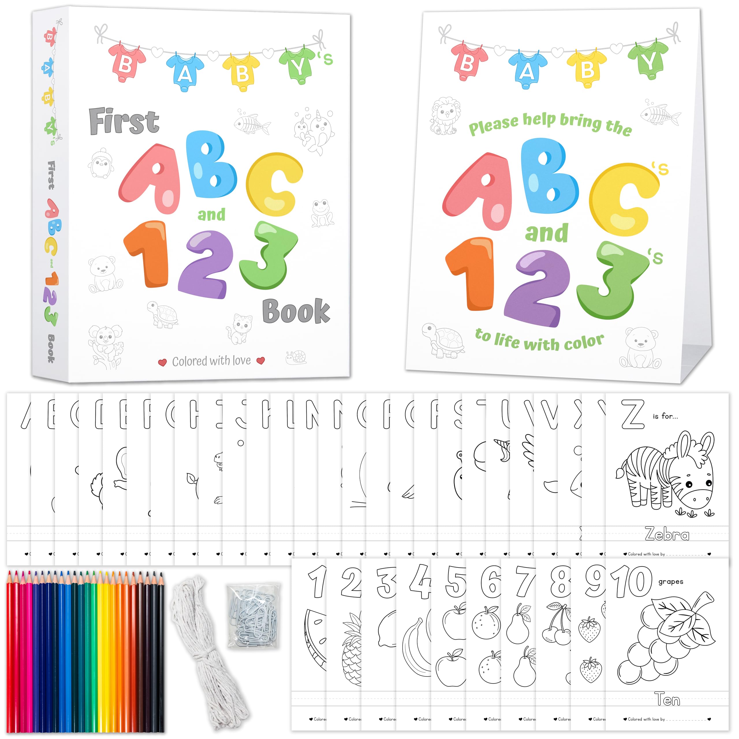 Party Hearty Baby's First ABC & 123 Book Baby Shower Activity, Guest Book Alternative with Alphabet Coloring Pages, Educational Keepsake & Activities for Guests - Baby Shower Games Craft Kit