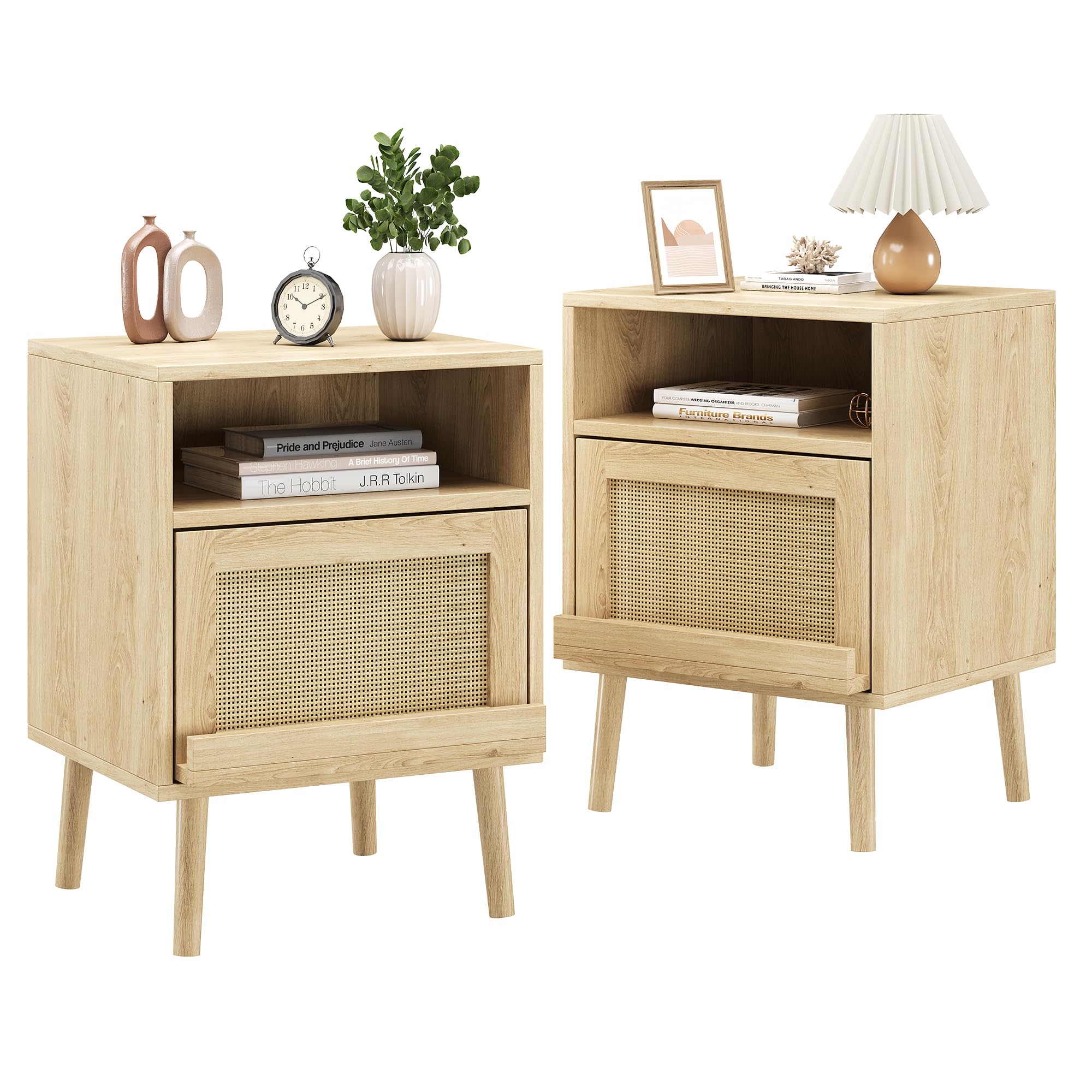 Photo 1 of **ONLY ONE NIGHTSTAND**


Algglobuy Nightstands for Bedrooms Set of 2, Bed Side Tables Bedroom with Drawer Open Shelf, Rattan Nightstand with Solid Wood Legs for Living Room - Natural