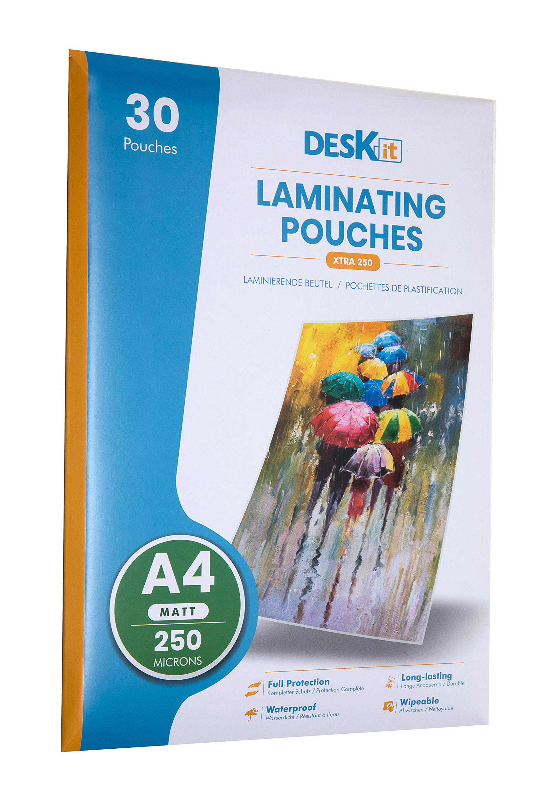 Deskit Laminating Pouches, A4 Matt, 250 Microns, 30 per Pack. Create Clear and Durable Posters with a Modern Finish - Extra-Strong for Long-Lasting Documents.