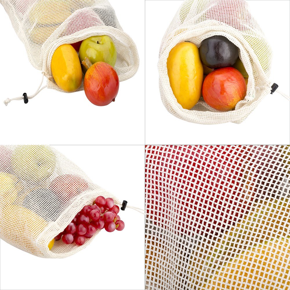 Ubitree Gemüsebeutel ,Mesh Cotton Produce Tasche, die organisch, natürlich, einfach zu reinigen, Zero-Waste,Wiederverwendbar Einkaufstaschen aus Baumwolle/Gemüsenetze Set von 11 (3 kleine, 4 mittlere, 3 große,1 Aufbewahrungstasche).