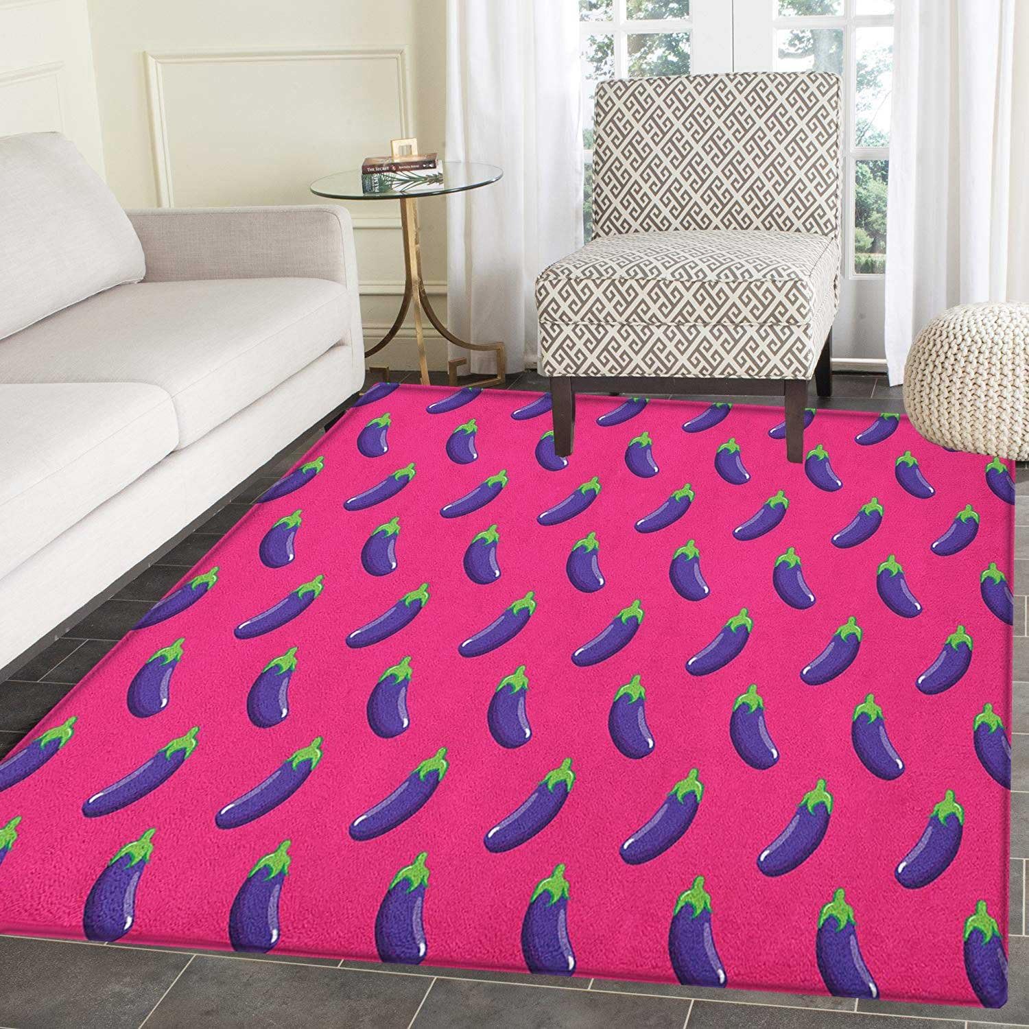 Eggplant AntiSkid Area Rug Symmetrical Striped Eggplants on a Magenta Background